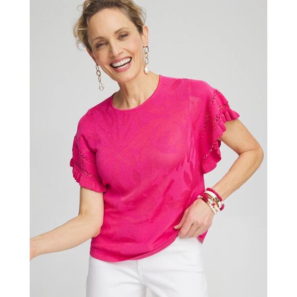 Chicos Pink/Fuchsia Ruffle Sleeve Pullover Sweater Large - Picture 1 of 7